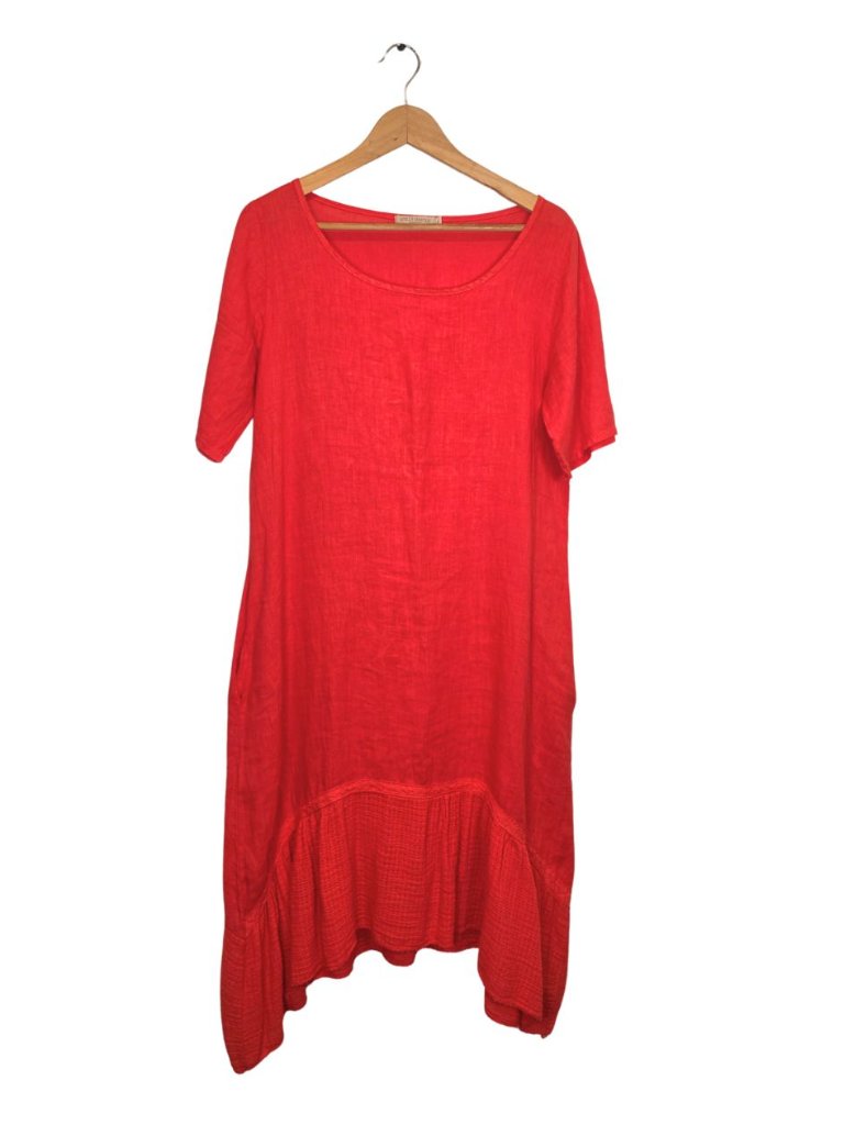Stella Martini Linen Boho Summer Dress Coral Orange Lagenlook Midi Beach Small